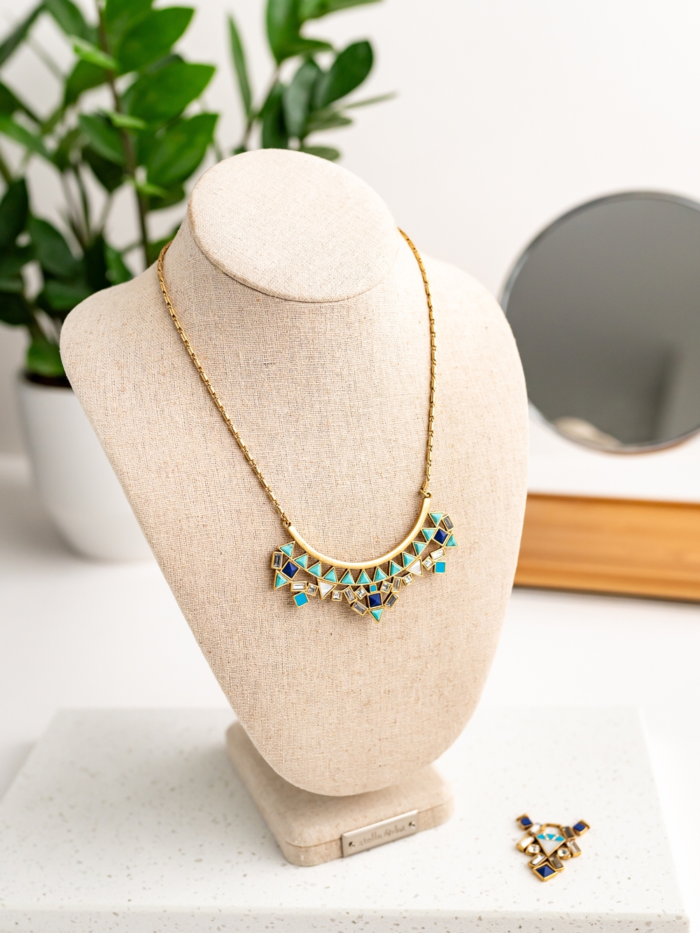 Gold Necklace with Turquoise Blue Geometric Accents - Women Jewelry